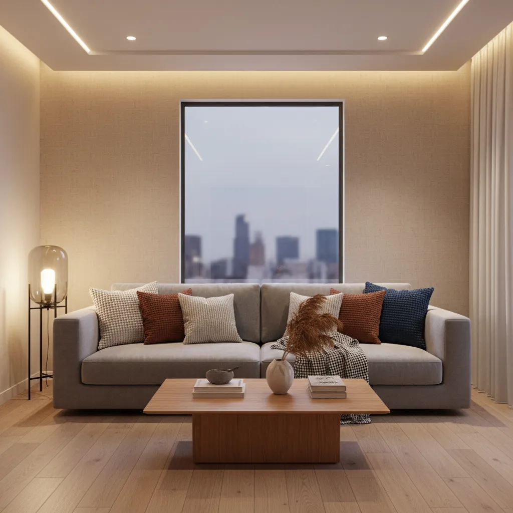 Elegant indoor living room sofa with layered textiles and warm lighting