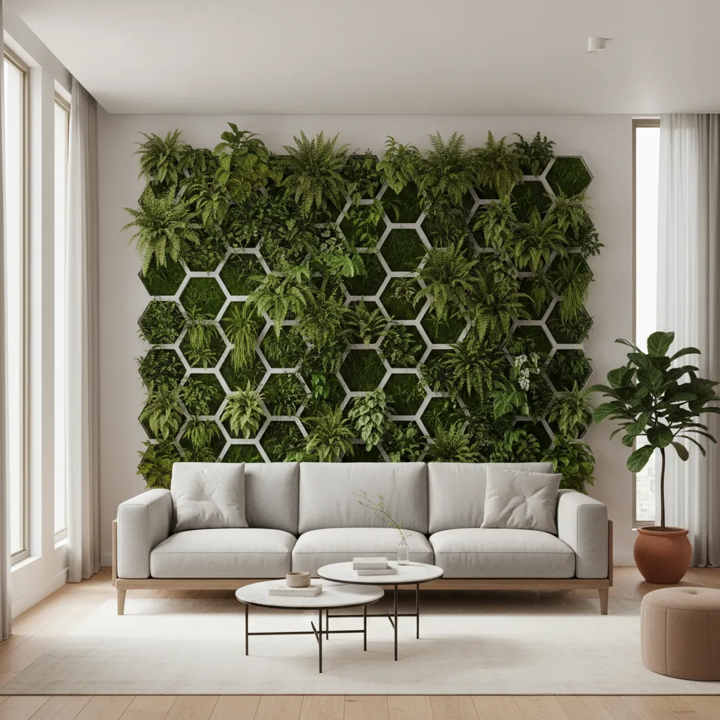 Indoor vertical garden installed as a living room feature wall