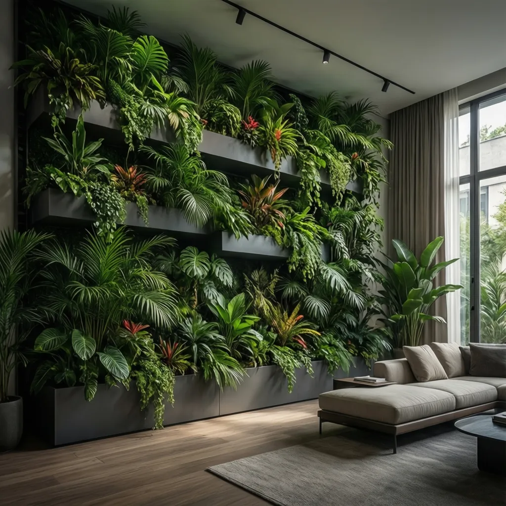 Large indoor vertical garden wall installed in modern living room