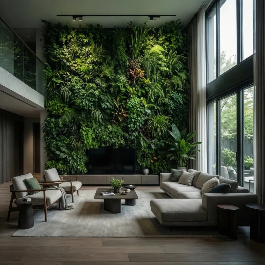 modern living room with a large indoor green wall feature