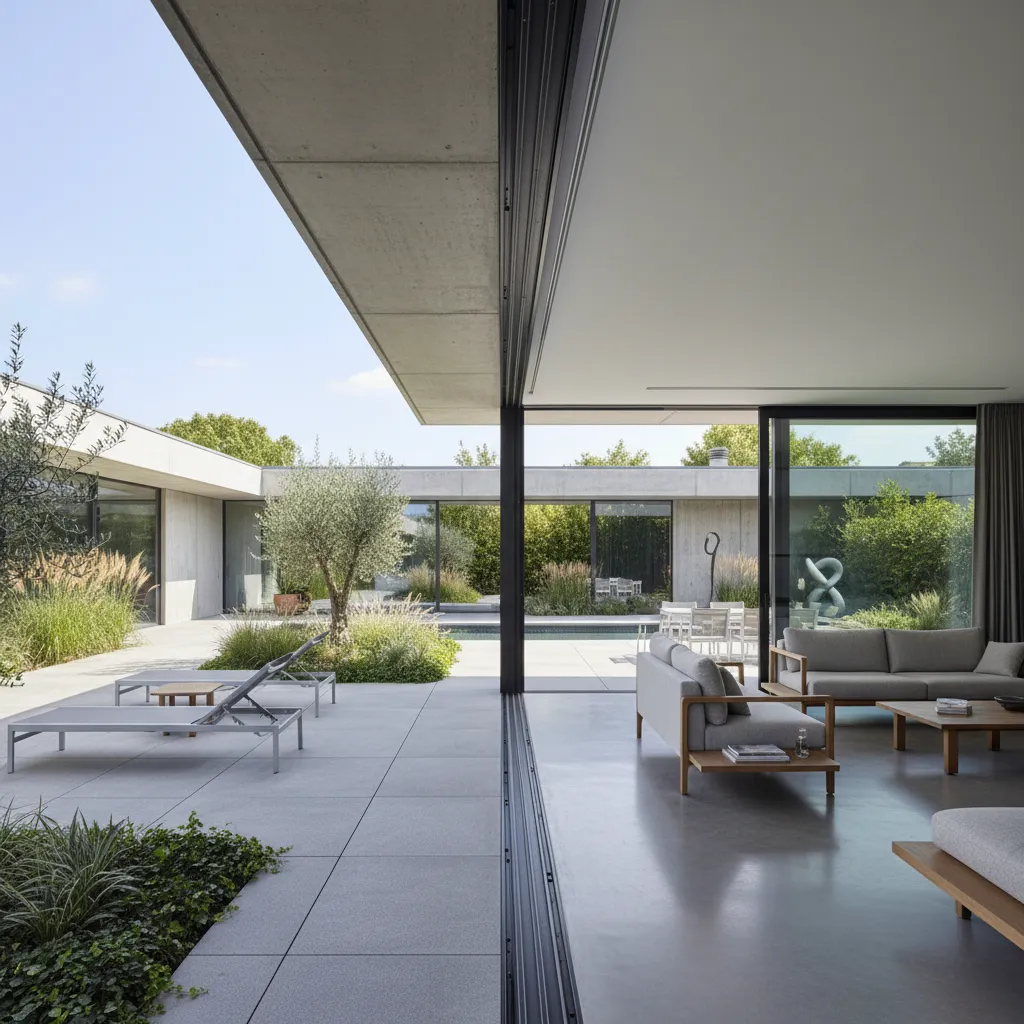 Casa moderna con puertas de vidrio abiertas hacia la terraza