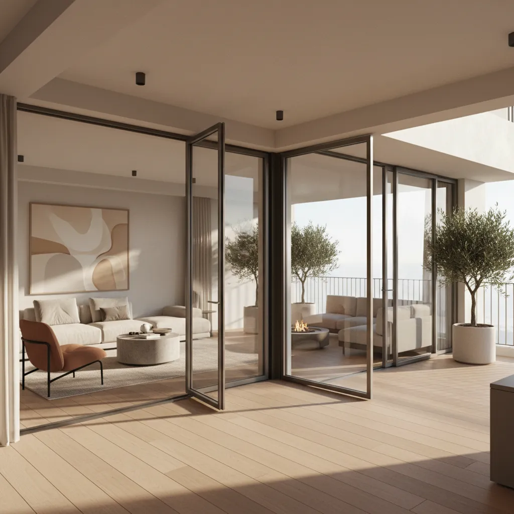 living room seamlessly connected to corner balcony with matching flooring