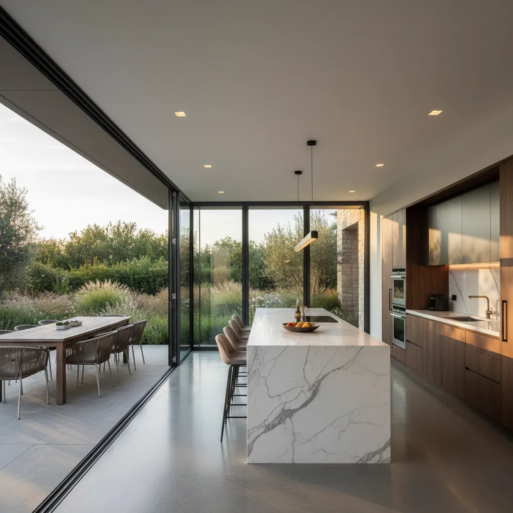 Kitchen opening to outdoor dining patio through wide glass folding doors