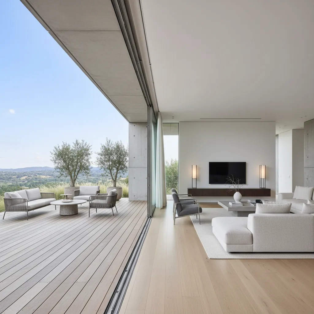 Modern living room with white sofas opening to a large wooden deck and scenic view