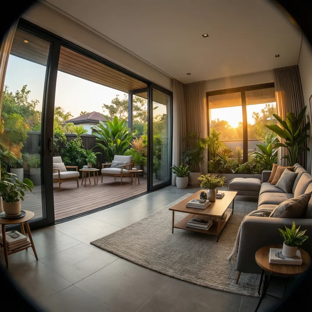 Salón moderno conectado visualmente con terraza y jardín exterior