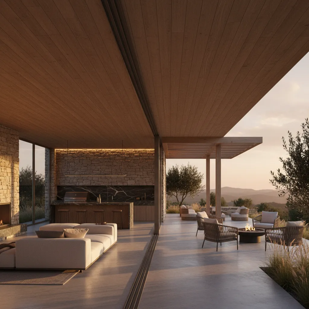 Indoor outdoor living area with sliding glass doors and patio lounge