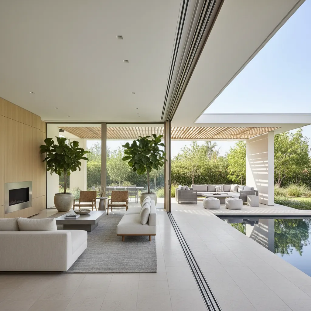 Modern home with sliding glass doors connecting living room to outdoor patio