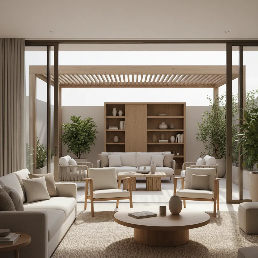 Interior living room visually connected to outdoor patio through large sliding doors