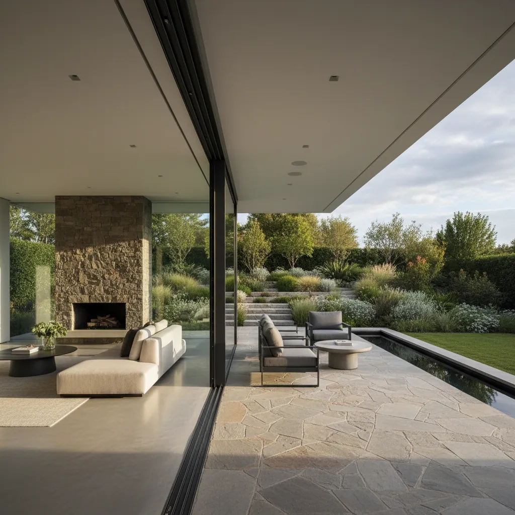 Conexión visual entre salón moderno y jardín exterior en casa de lujo