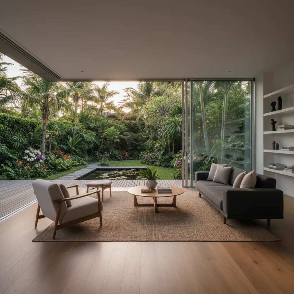 Ruang keluarga terbuka yang terhubung langsung dengan taman