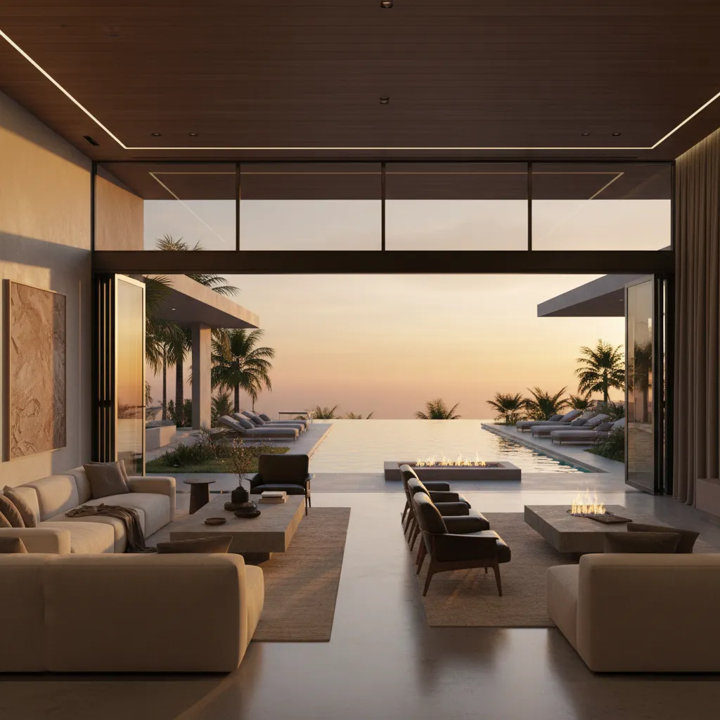 Continuidad entre salón moderno y piscina exterior