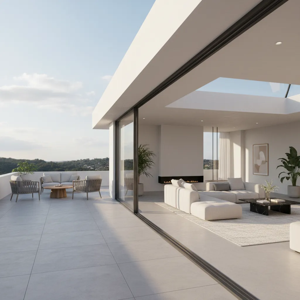 Modern home interior opening to second floor terrace through large sliding glass doors