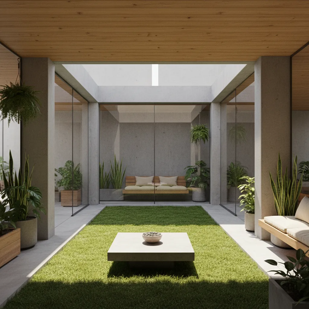 Patio interior moderno con césped y paredes de vidrio