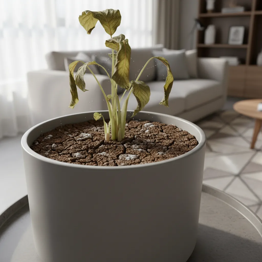 Dense compact soil in indoor plant container showing poor drainage
