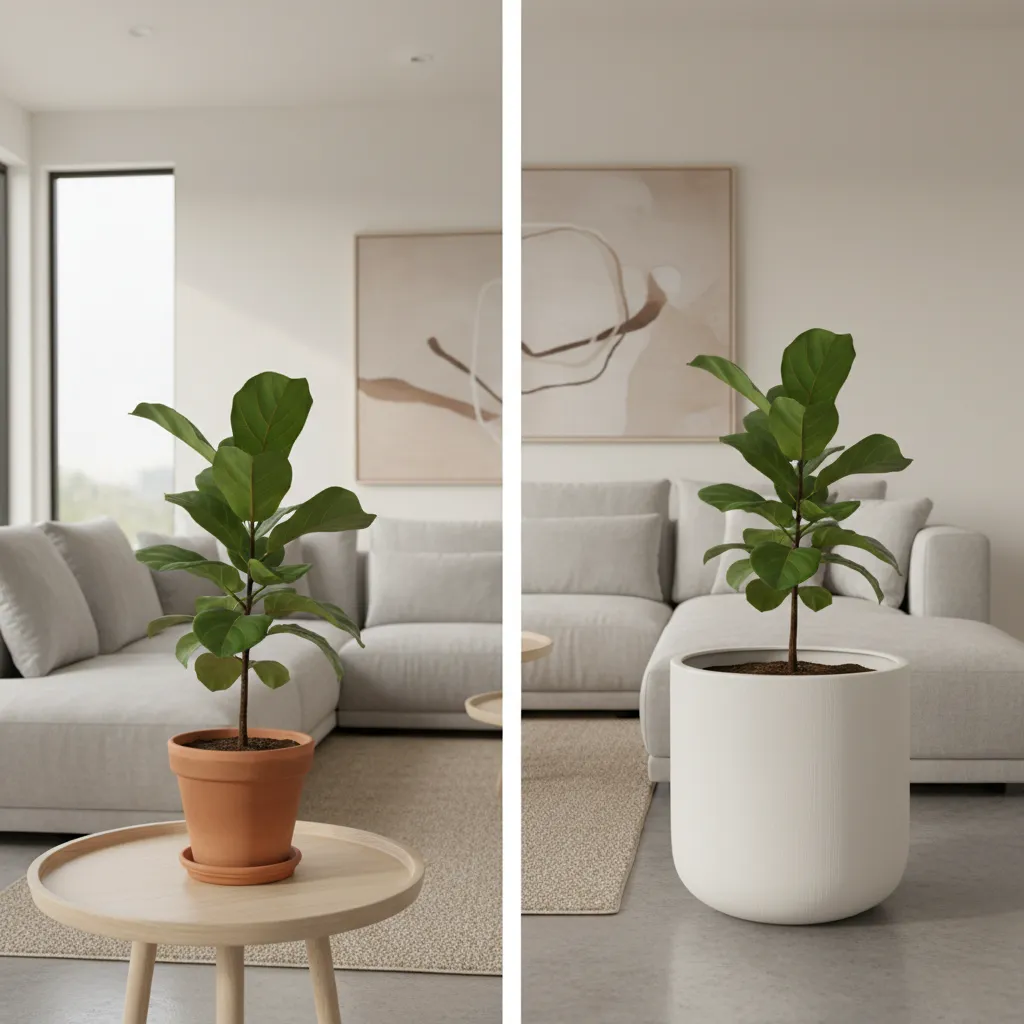 Comparación visual de planta con maceta pequeña y cubre maceta grande bien proporcionado