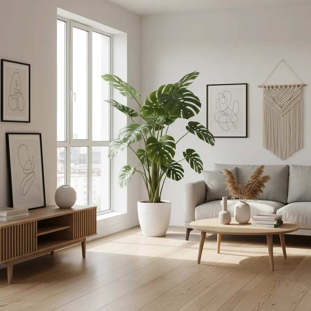 Plantas grandes integradas en salón moderno