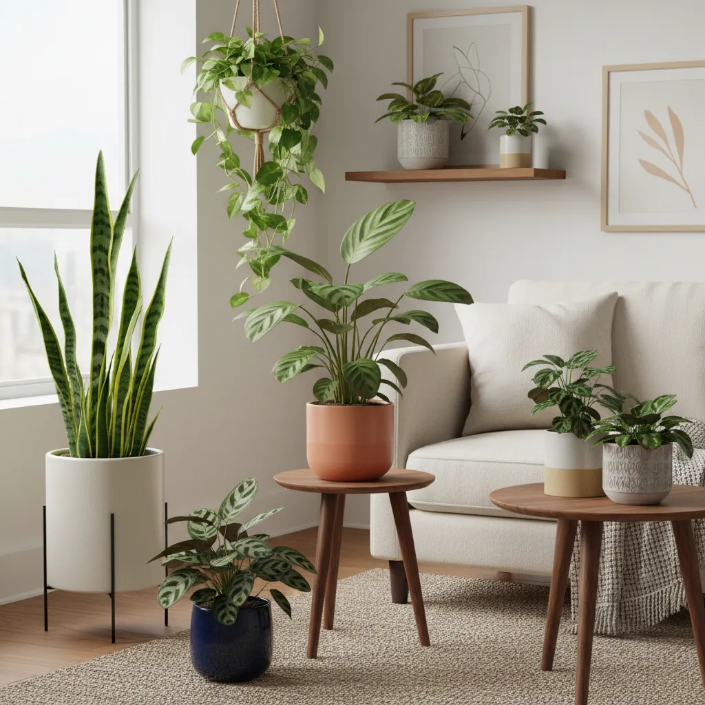 Colección equilibrada de plantas de interior en un apartamento pequeño