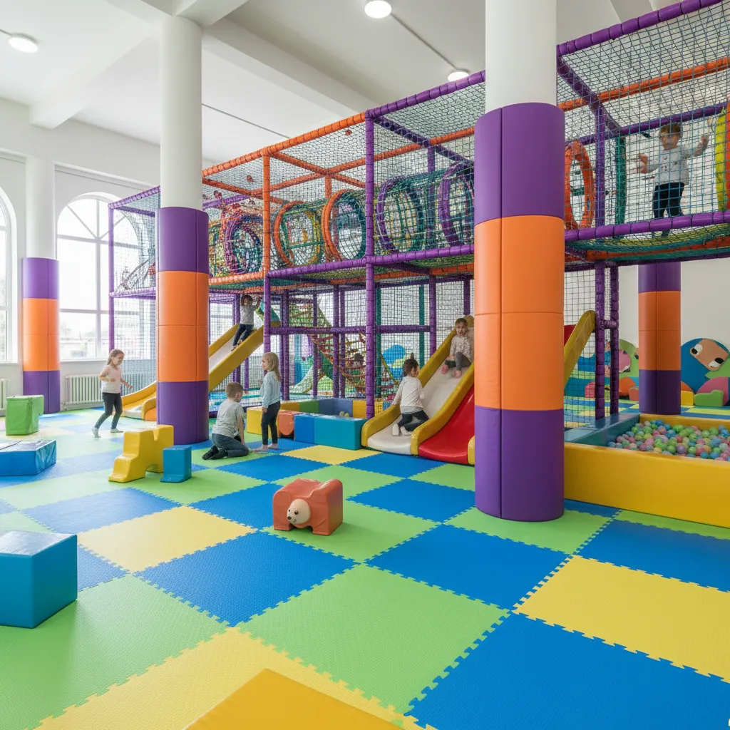 Zona de juego interior con suelo amortiguador y redes de seguridad