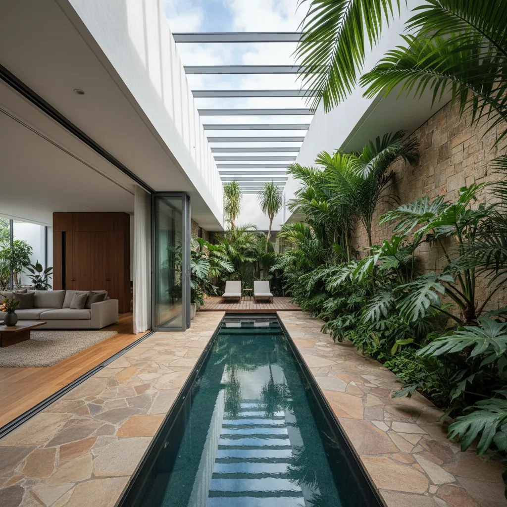 Narrow swimming pool with stone floor next to lush green plants and glass roof window