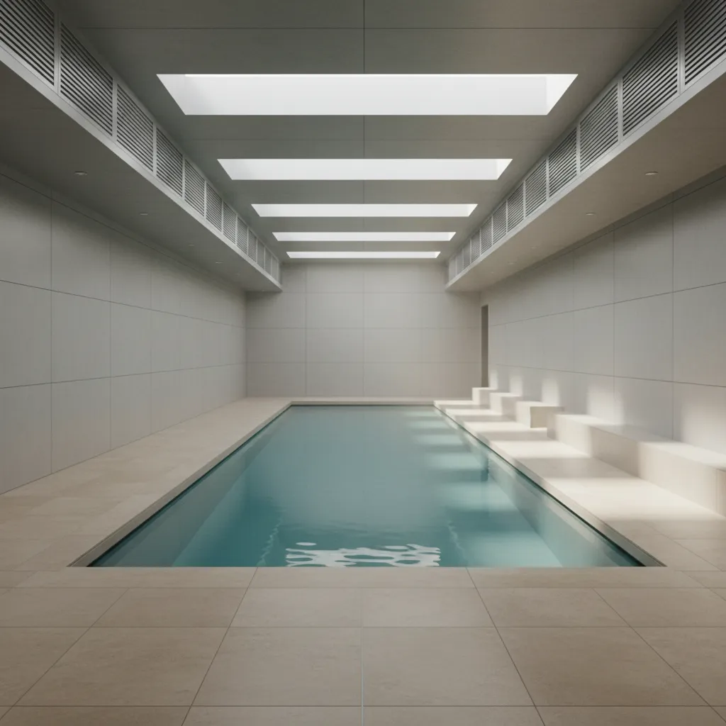 Minimalist indoor swimming pool room with grey tile walls and five large rectangular roof windows