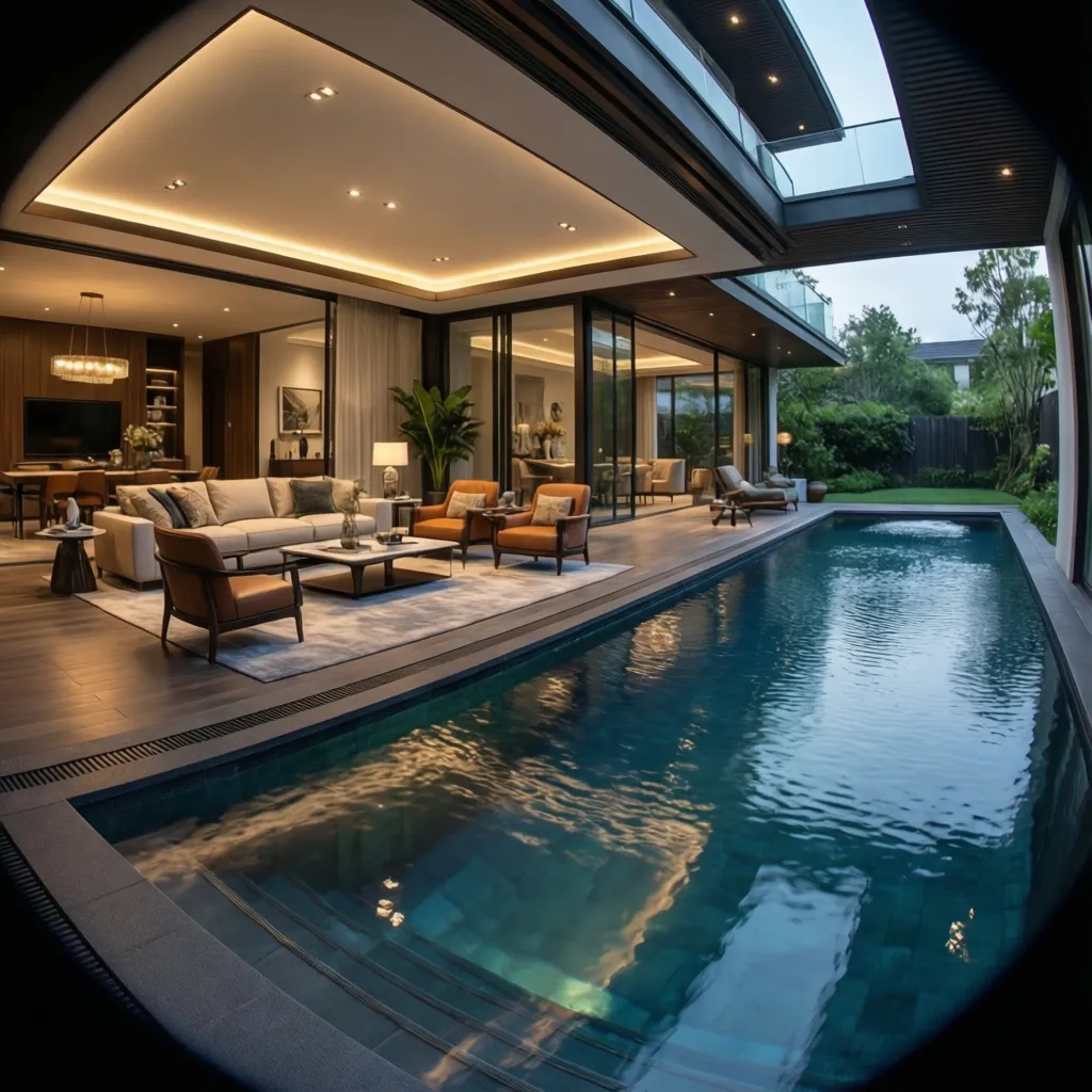 Luxury open living room with swimming pool warm ceiling light comfortable sofas and glass doors