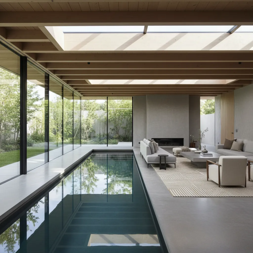 Open plan living room with indoor pool and wooden ceiling beams roof windows and sofa