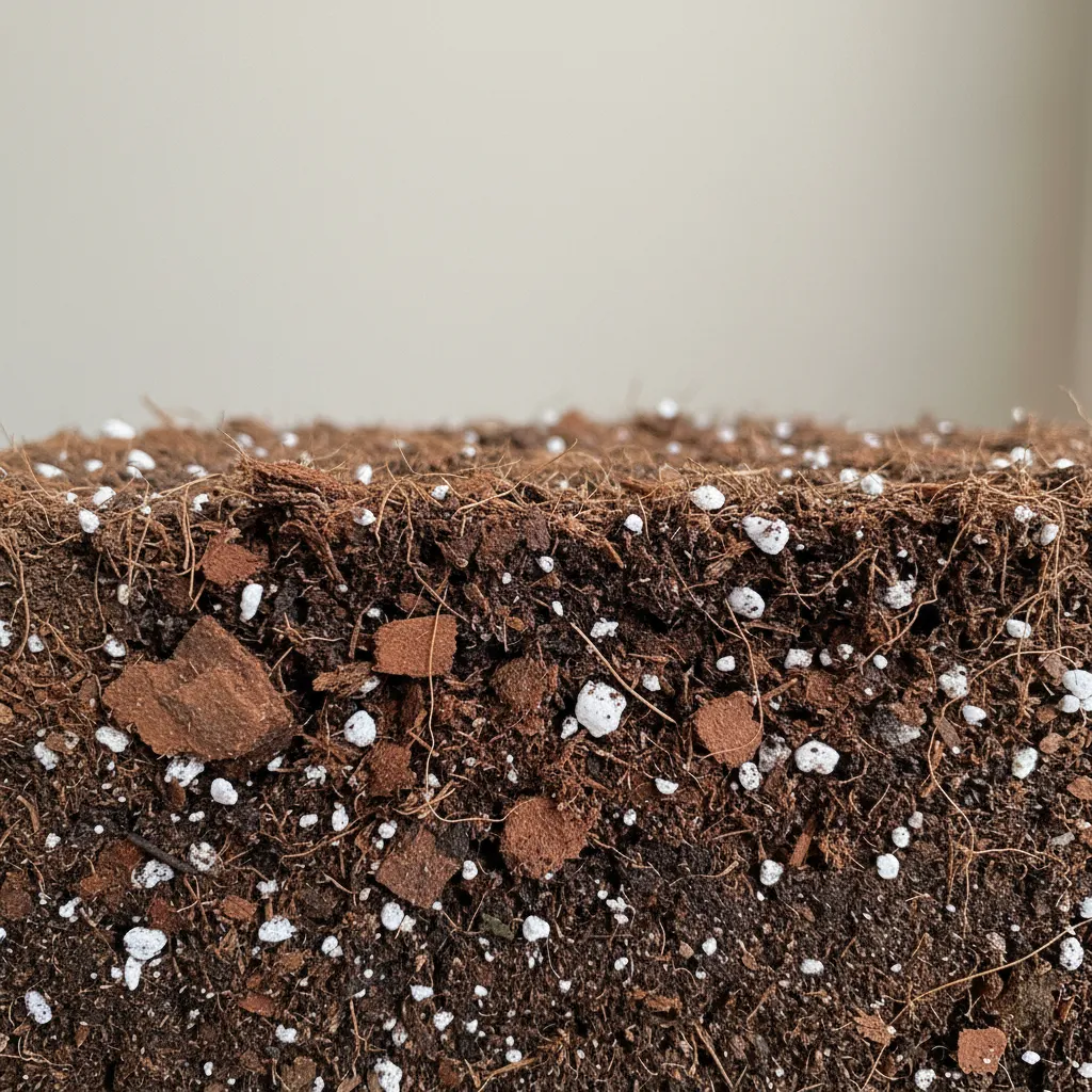 Indoor potting mix showing perlite bark and coco coir texture