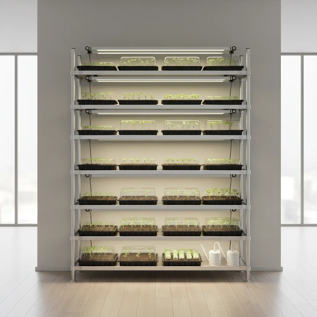 Indoor seed starting shelf with adjustable grow lights and trays