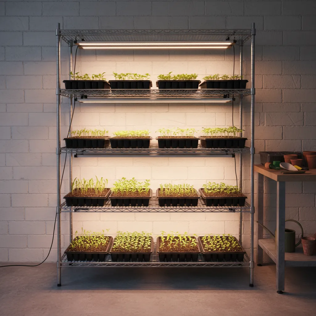 young seedlings growing indoors under adjustable grow lights