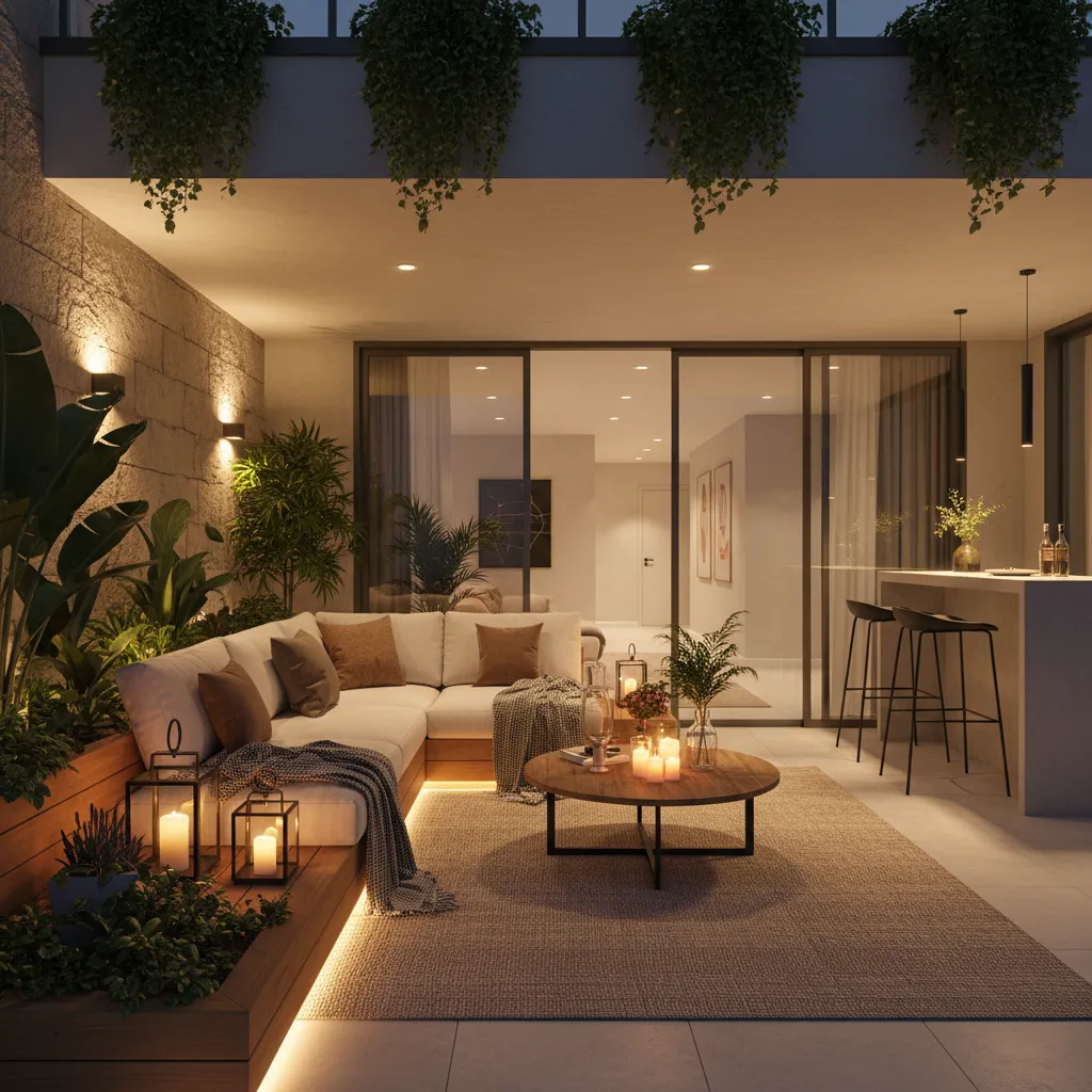 Terraza interior iluminada por la noche con luces cálidas y plantas