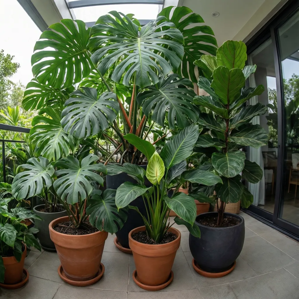 Selección de plantas grandes para terraza interior como monstera y ficus