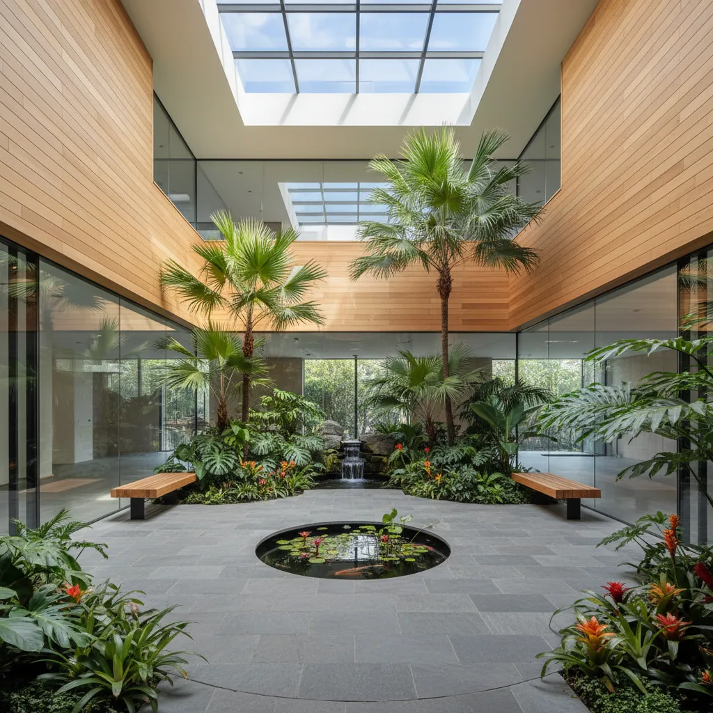 Jardín interior tropical dentro de una casa moderna
