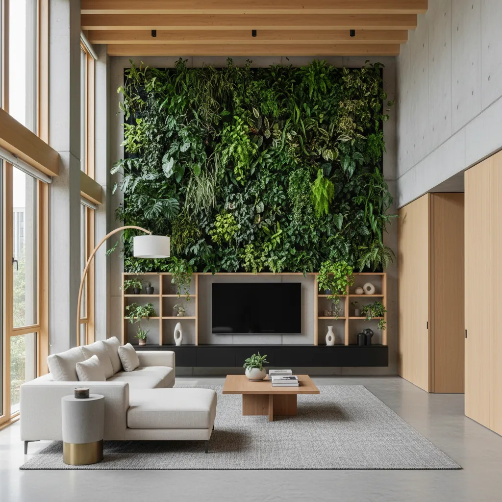 muro vegetal interior en salón moderno