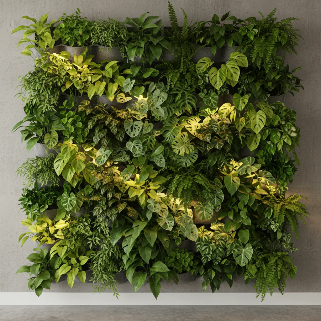 Close-up of pothos, ferns, and philodendron in an indoor vertical garden