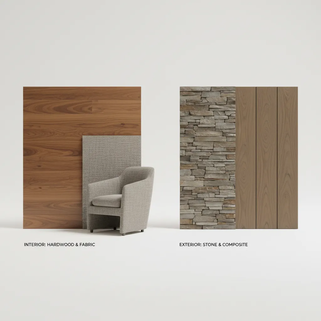 Comparison of indoor materials like wood flooring and outdoor materials like stone siding