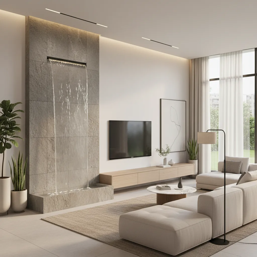 wall mounted indoor fountain in a modern living hall interior