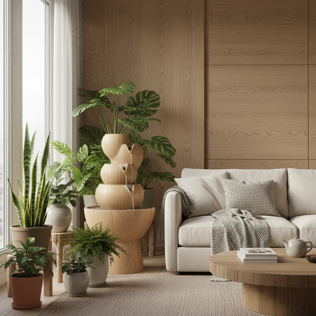 Fuente interior combinada con plantas decorativas