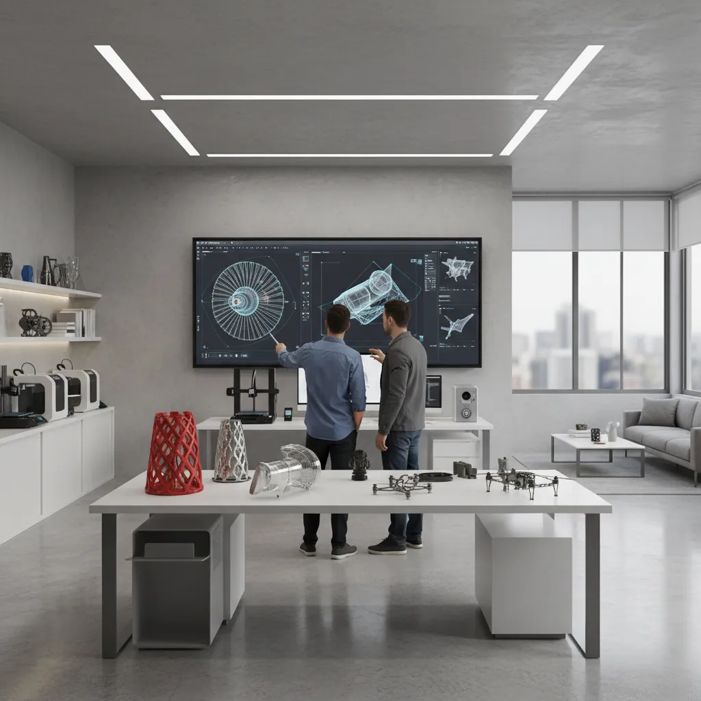 engineers analyzing complex 3D printed parts and digital models in an industrial additive manufacturing workspace