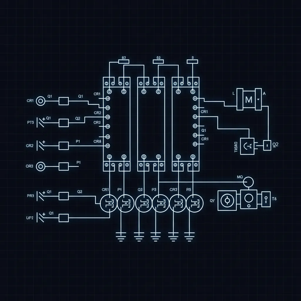 industrial automation electrical schematic showing relays and PLC symbols