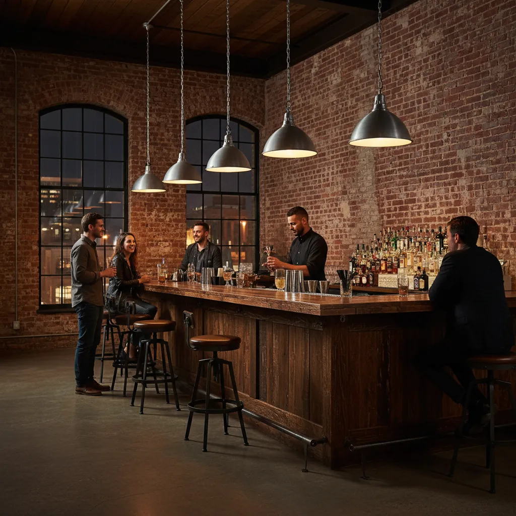 Bar estilo industrial con ladrillo visto y metal