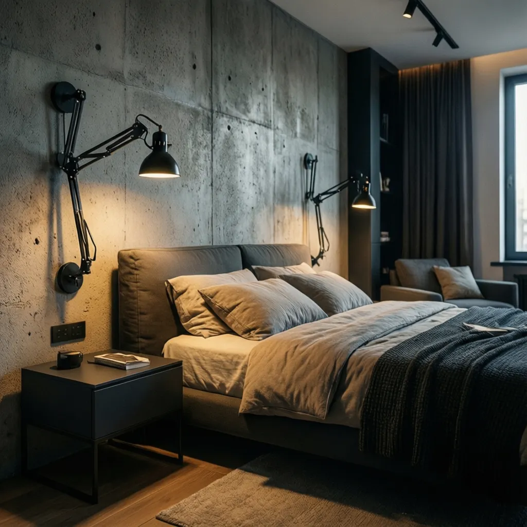 Modern bedroom with black industrial adjustable arm wall sconces