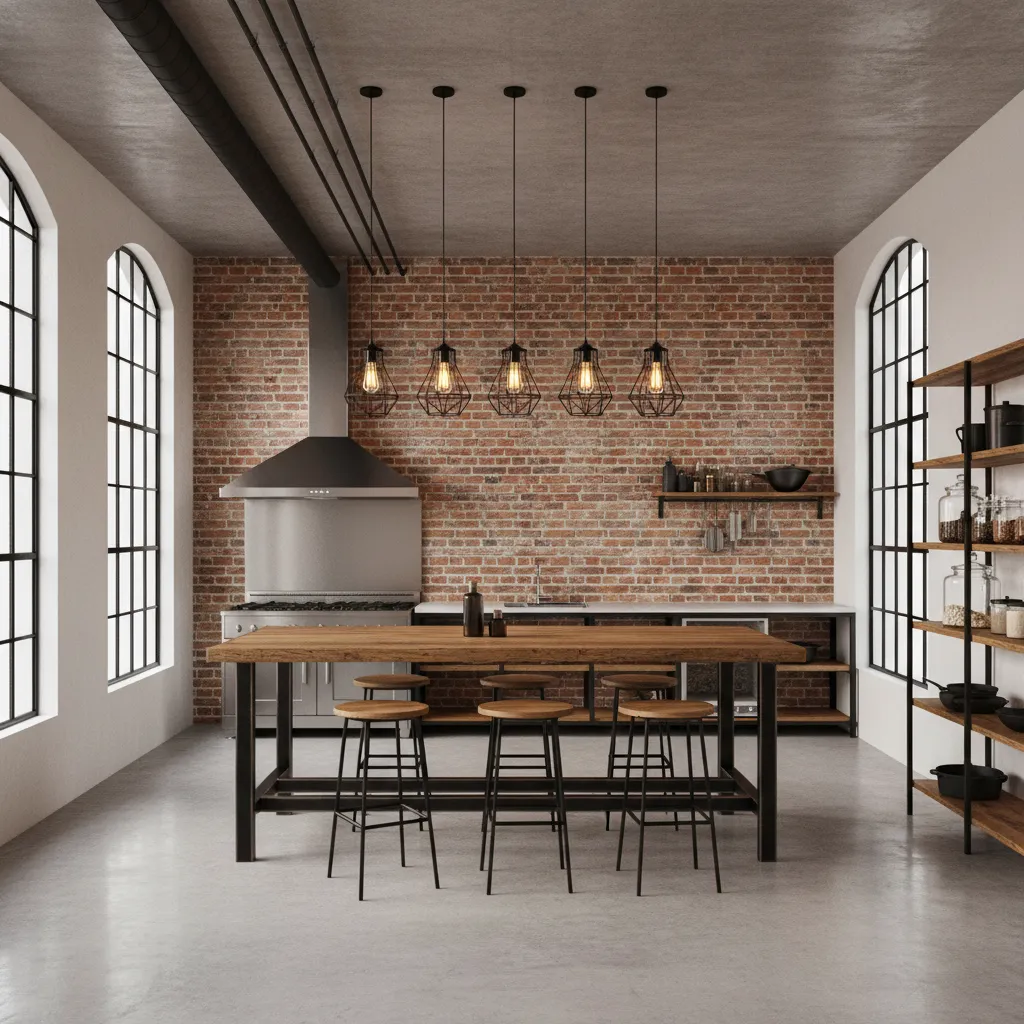 Industrial black cage pendant lights hanging above a kitchen island