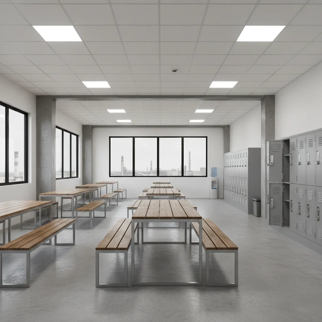 Industrial facility employee break room with bright LED panel lighting