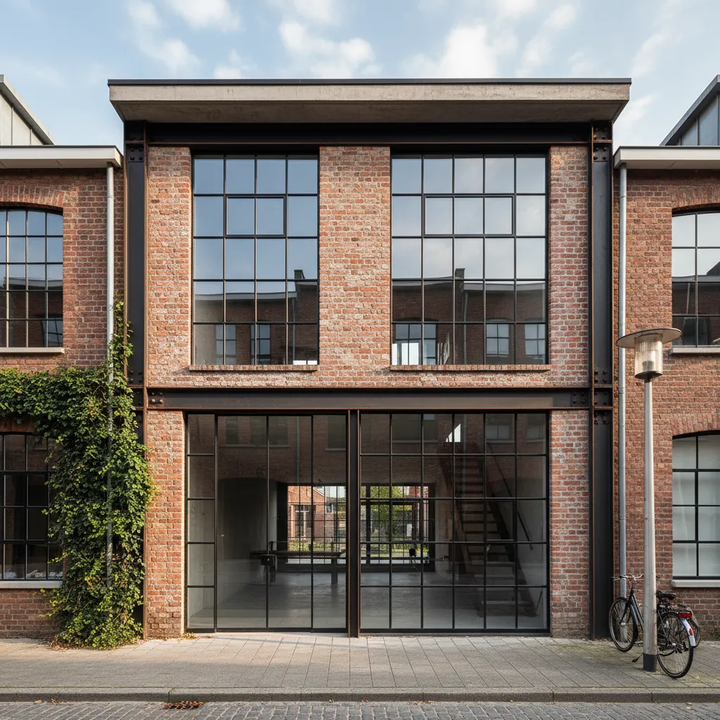 Casa con fachada industrial de ladrillo visto y marcos metálicos negros