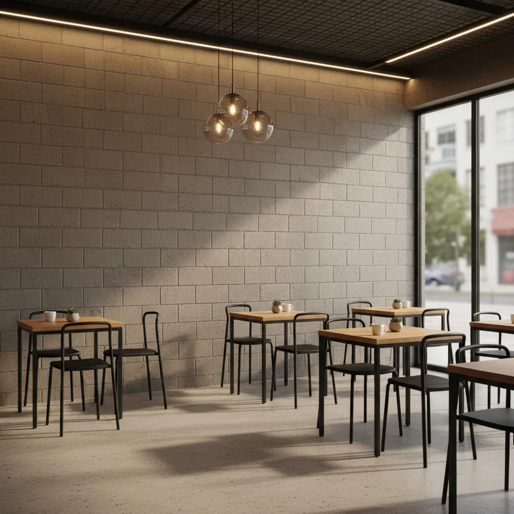 Industrial style cafe interior with textured painted concrete block wall and warm lighting