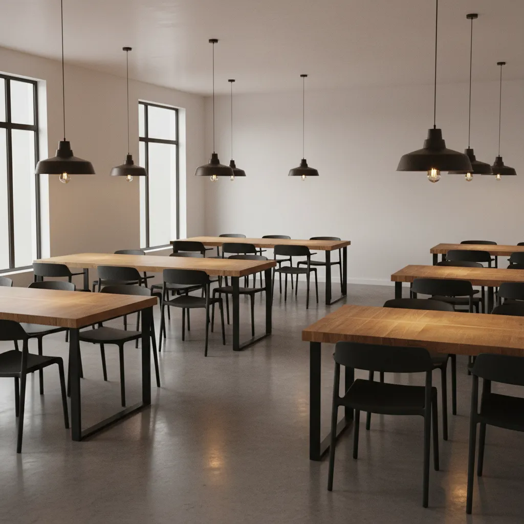 Modern restaurant interior mixing industrial chairs with butcher block dining tables