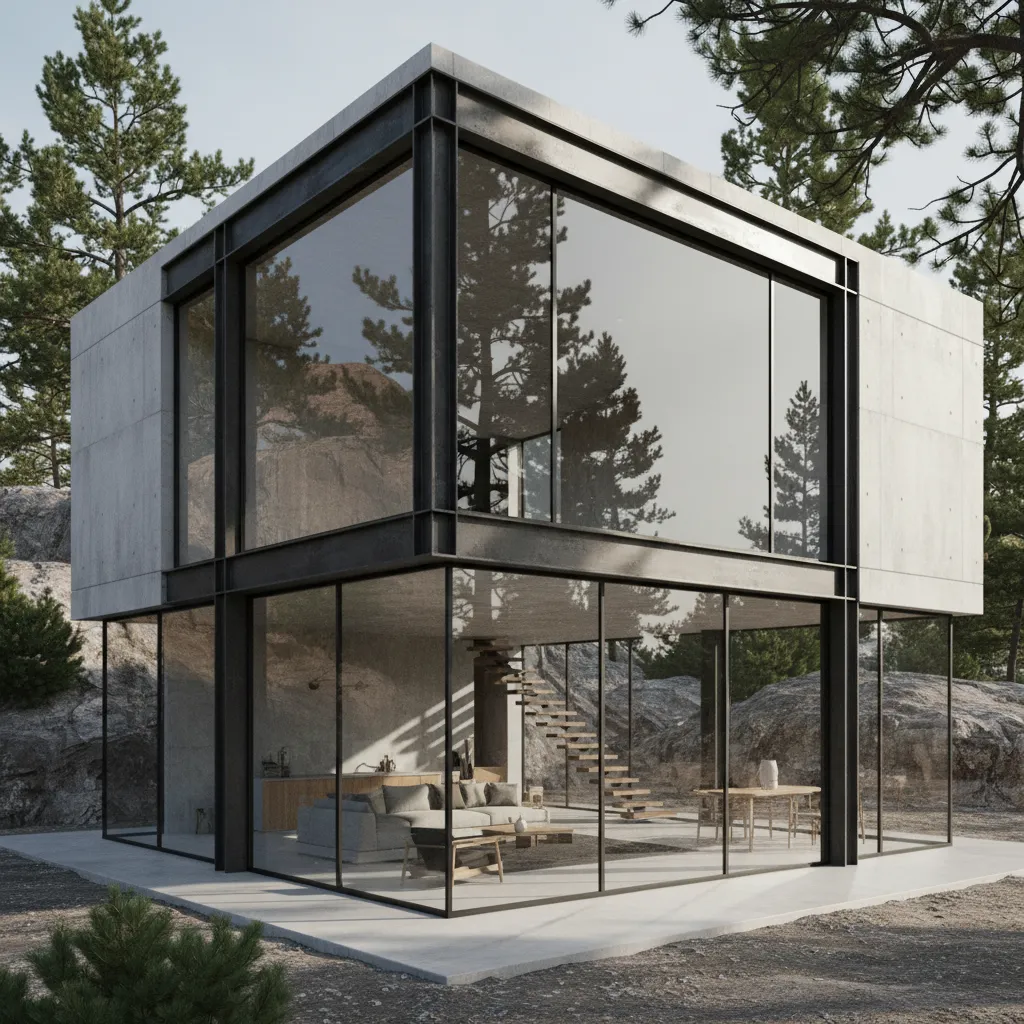 Casa moderna industrial con volúmenes cúbicos y grandes ventanales