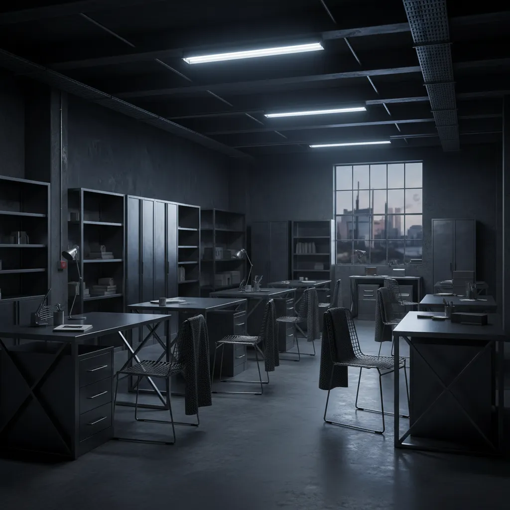 Industrial dark office room with metal desks, mesh chairs, storage cabinets, and bright ceiling lights