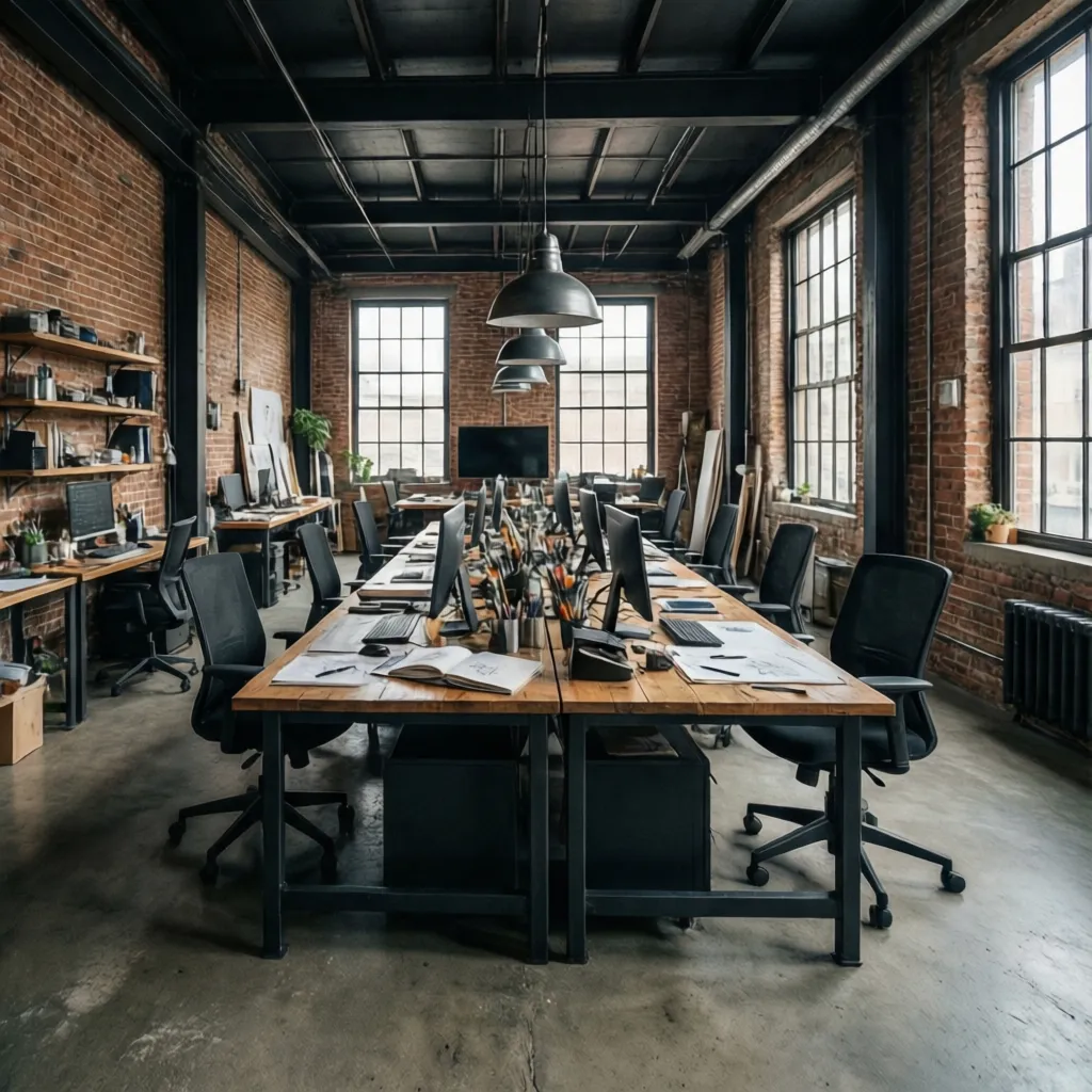 Large wooden work table with black chairs and computer monitors inside an industrial brick office