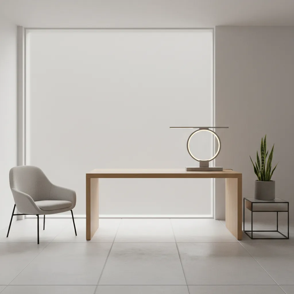 Minimalist room with a wooden table, grey chair, round light fixture, and a potted plant